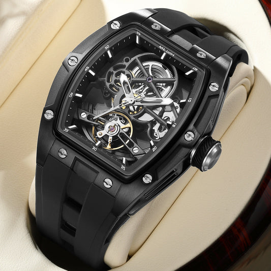 automatic hollow mechanical watch for men showcased on a soft cushion background in black and silver design.